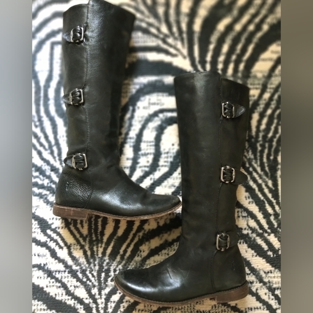 Frye Boots.  Paige Riding Boots.  Black. Silver Side Buckles. Side 6.